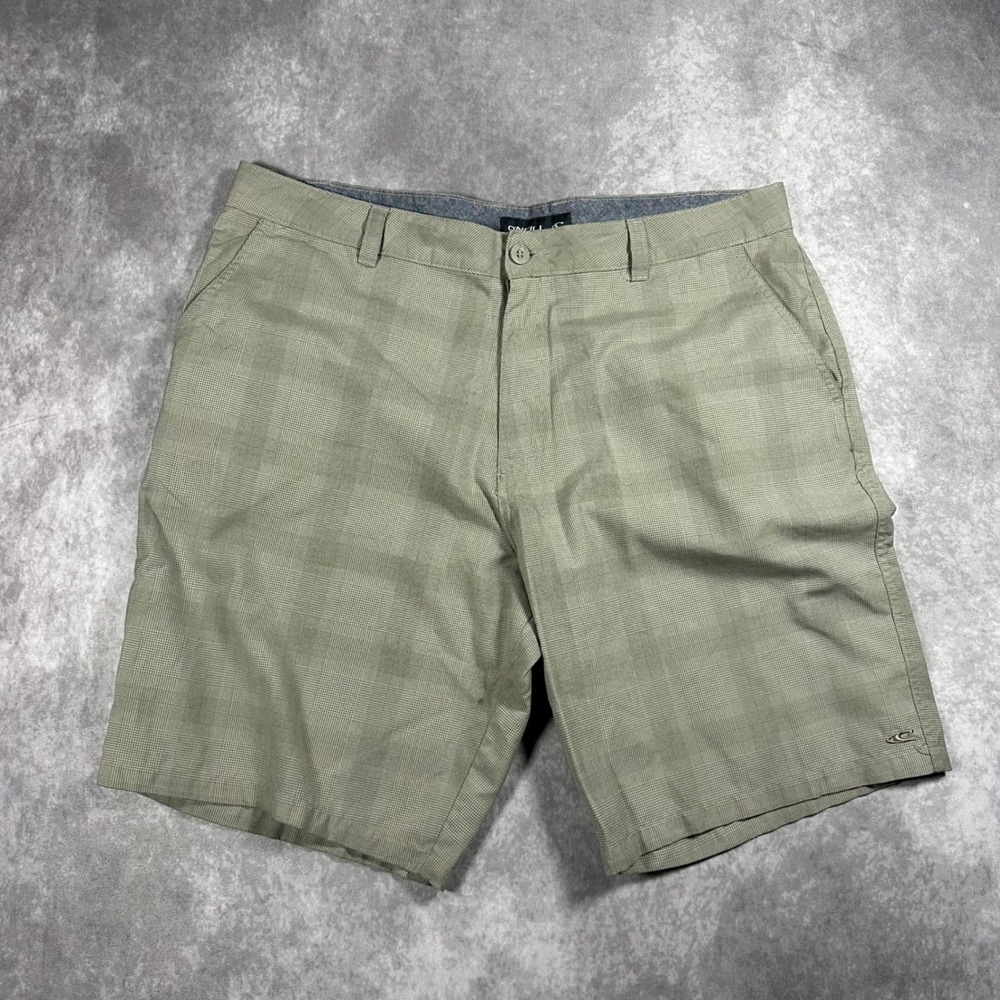 O'Neill Mens Hybrid Shorts 40 Tan Khaki Plaid Flat Front Walk Casual Tech Beach